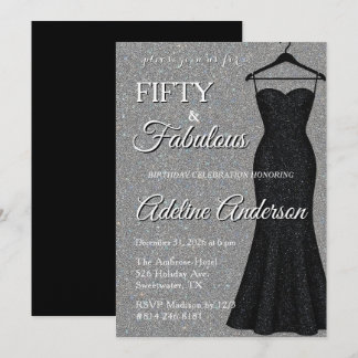 Fifty and Fabulous Black and Silver 50th Birthday Invitation