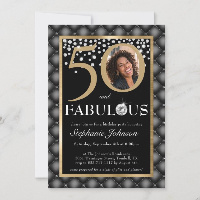 Fifty and Fabulous Black Gold Diamonds Chic Photo Invitation (Front)