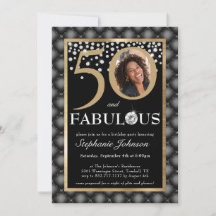 Fifty and Fabulous Black Gold Diamonds Chic Photo Invitation