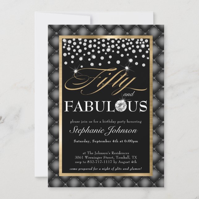 Fifty and Fabulous Black Gold Diamonds Glamourous Invitation (Front)