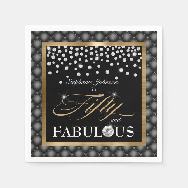 Fifty and Fabulous Black Gold Diamonds Glamourous Napkin (Front)
