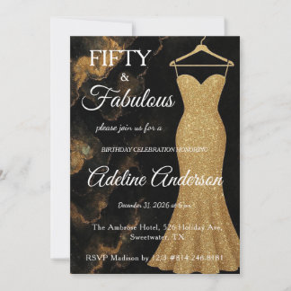 Fifty and Fabulous Black Gold Marble 50th Invitation