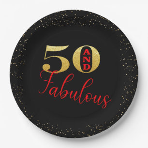 Fifty And Fabulous Black Red Gold Glitter Birthday Paper Plate