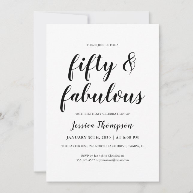Fifty and Fabulous Black Script 50th Birthday Invitation (Front)
