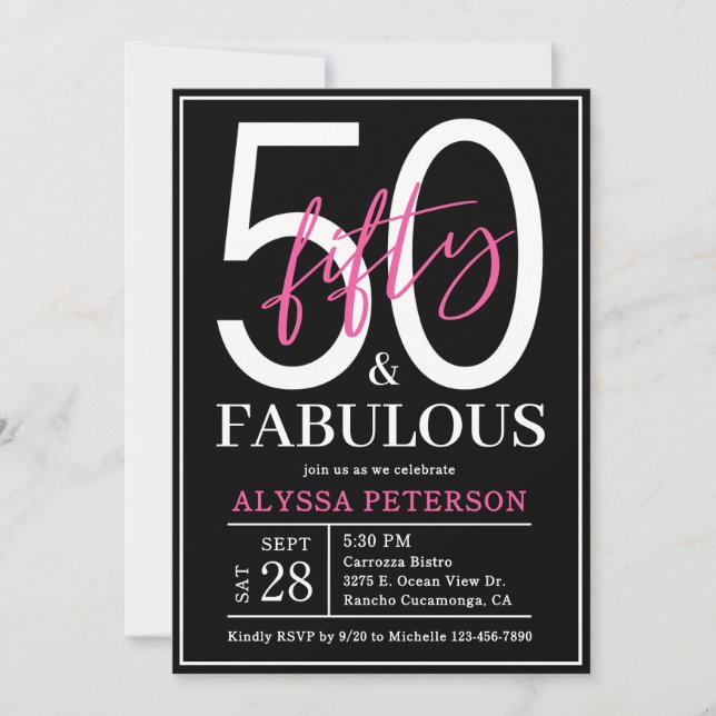 Fifty and Fabulous Black Script 50th Birthday Invitation (Front)