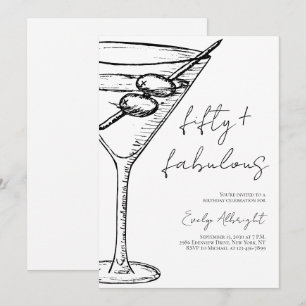 Fifty and Fabulous Black Script Line Art Martini Invitation