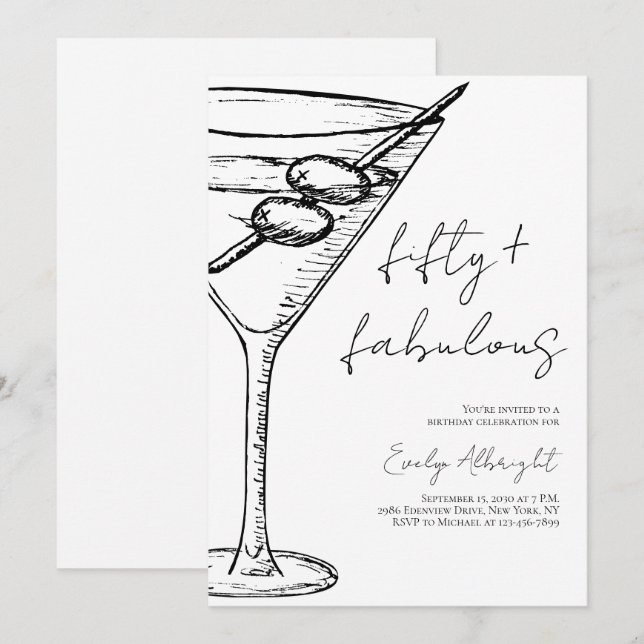 Fifty and Fabulous Black Script Line Art Martini Invitation (Front/Back)