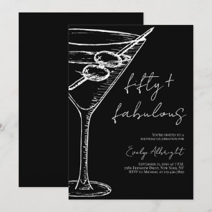 Fifty and Fabulous Black Script Line Art Martini Invitation