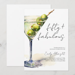 Fifty and Fabulous Black Script Watercolor Martini Invitation