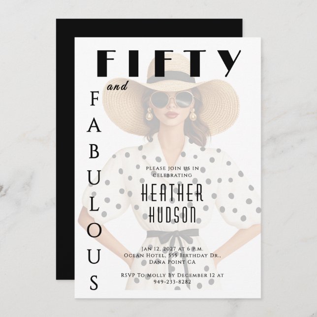 Fifty and Fabulous Black White 50th Birthday  Invitation (Front/Back)
