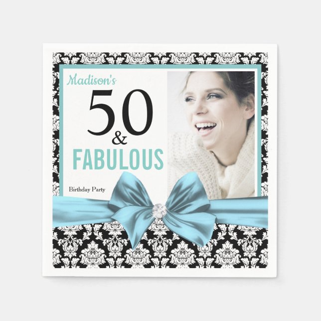 Fifty and Fabulous black white damask Birthday Napkin (Front)
