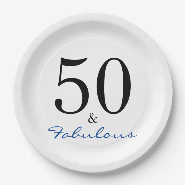 Fifty and Fabulous Blue Birthday Typography Paper Plate (Front)