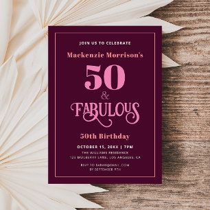 Fifty and Fabulous Burgundy Birthday Party Invitation