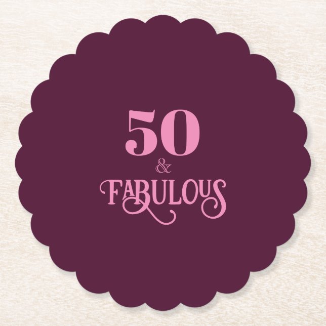 Fifty and Fabulous Burgundy Birthday Party Paper Coaster (Front)