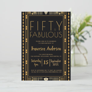 Fifty and Fabulous Chic Black Gold Art Deco 50th  Invitation