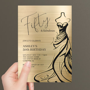 Fifty and Fabulous Dress Gold 50th Birthday Invitation