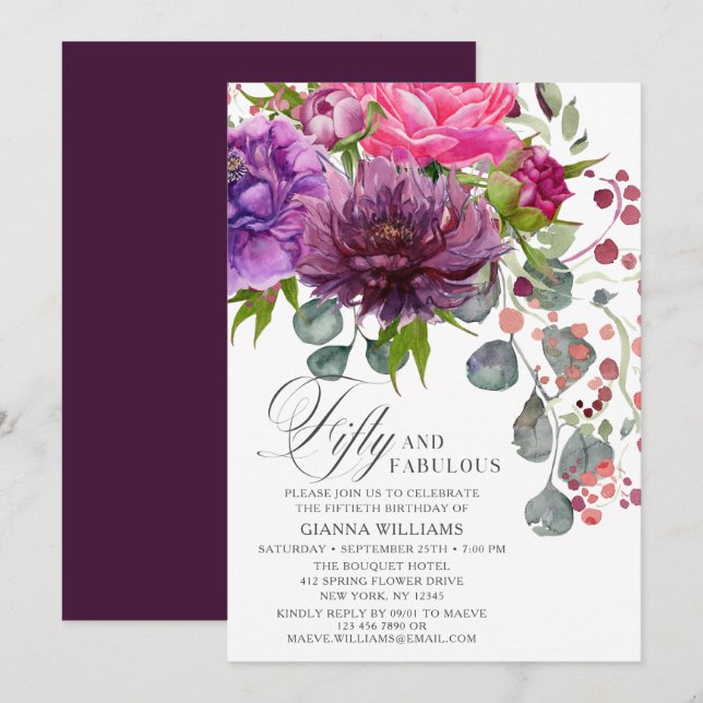 Fifty and Fabulous Elegant Floral 50th Birthday Invitation (Front/Back)