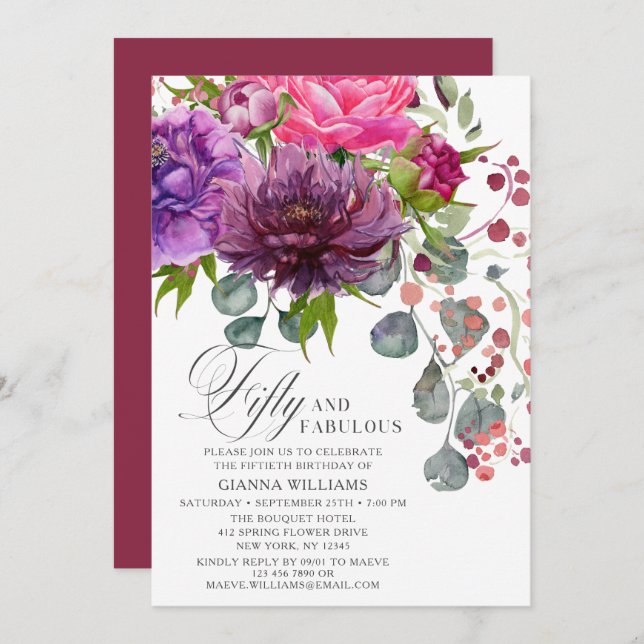 Fifty and Fabulous Elegant Floral 50th Birthday Invitation (Front/Back)