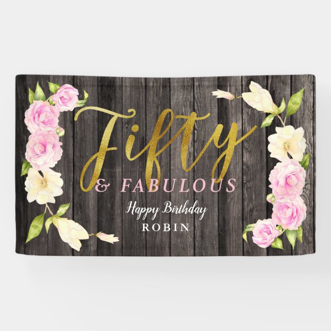 Fifty and Fabulous Elegant Floral Birthday Banner (Horizontal)