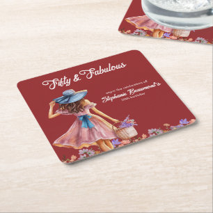 Fifty and Fabulous Elegant Woman's 50th Birthday Square Paper Coaster
