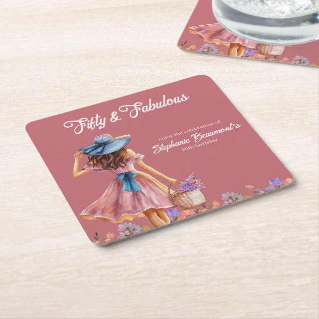 Fifty and Fabulous Elegant Woman's 50th Birthday Square Paper Coaster (Angled)