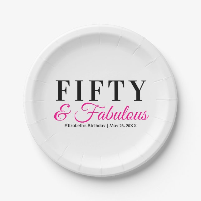 Fifty and Fabulous Fancy Hot Pink 50th Birthday Paper Plate (Front)