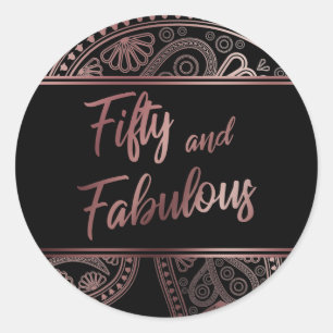 Fifty and Fabulous Faux Rose Gold & Black Paisley Classic Round Sticker