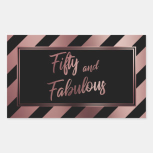 Fifty and Fabulous Faux Rose Gold & Black Stripes Rectangular Sticker
