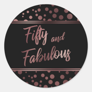 Fifty and Fabulous Faux Rose Gold Circles on Black Classic Round Sticker