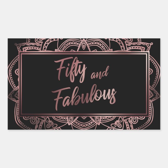 Fifty and Fabulous Faux Rose Gold Mandala on Black Rectangular Sticker (Front)