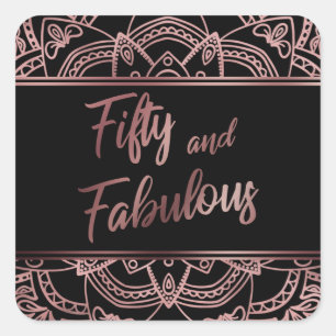 Fifty and Fabulous Faux Rose Gold Mandala on Black Square Sticker