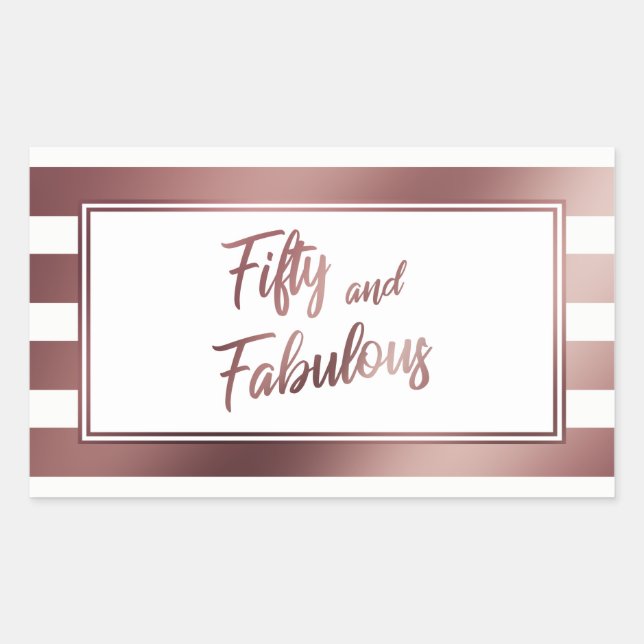 Fifty and Fabulous Faux Rose Gold & White Stripes Rectangular Sticker (Front)