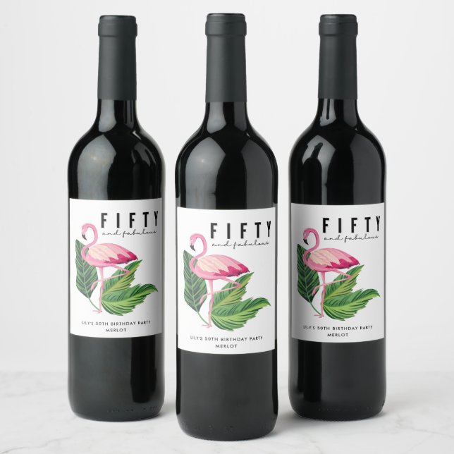 Fifty and Fabulous Flamingo 50th Birthday Party  Wine Label (Bottles)