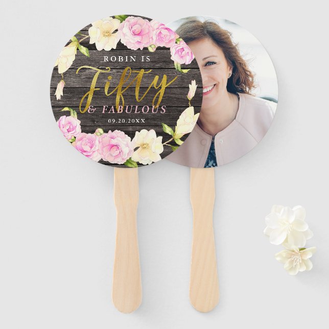 Fifty and Fabulous Floral 50th Birthday Hand Fan (Front and Back)
