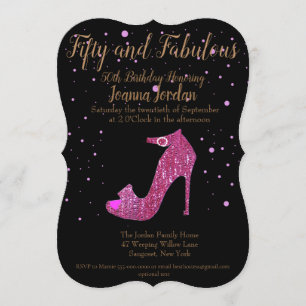 Fifty and Fabulous GirlySparkly Hot Pink Shoe Text Invitation