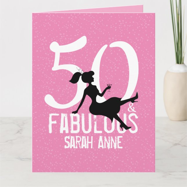 Fifty and Fabulous Glamourous Pink Modern Birthday Card (Front)