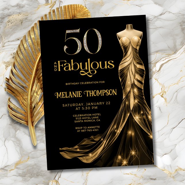Fifty and Fabulous Gold Dress Black 50th Birthday Invitation (Fifty and Fabulous Elegant Gold Dress Black 50th Birthday Invitation with Gold and Diamond 50.)