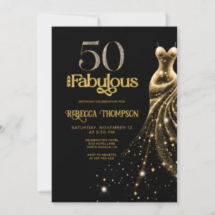 Fifty and Fabulous Gold Dress Black 50th Birthday Invitation