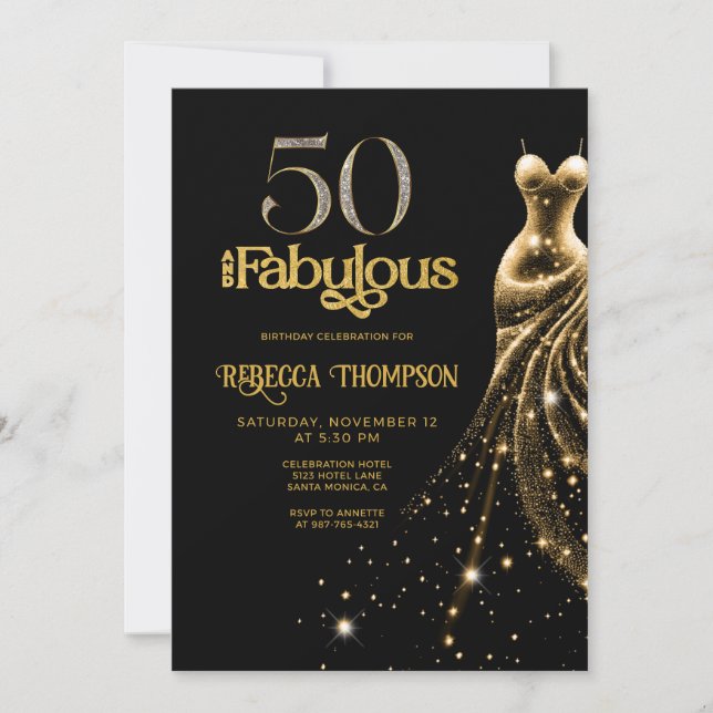 Fifty and Fabulous Gold Dress Black 50th Birthday Invitation (Front)