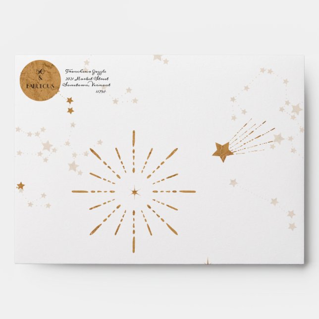 Fifty and Fabulous gold fireworks invitation Envelope (Front)
