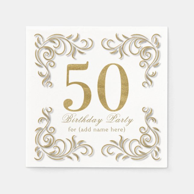 Fifty and fabulous gold glitter birthday party napkin (Front)