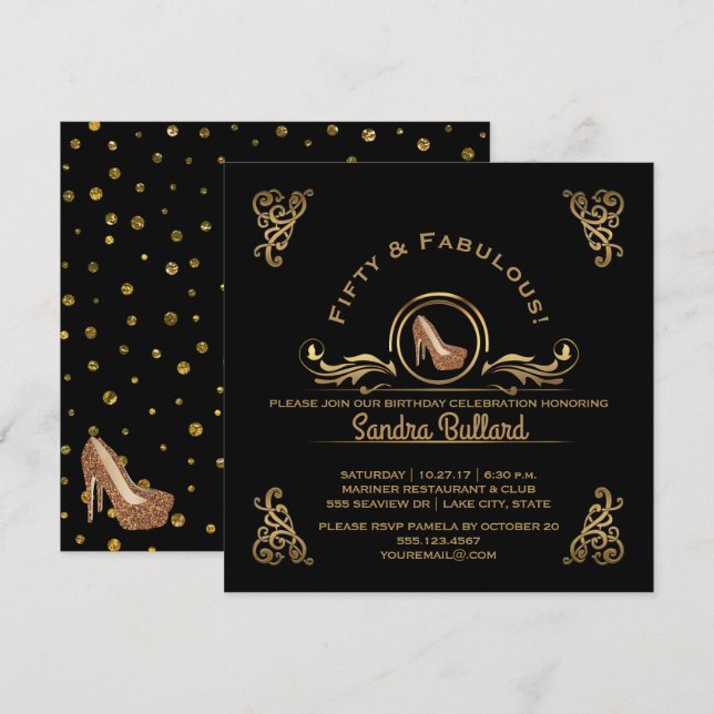 Fifty and Fabulous Gold High Heels Birthday Party Invitation (Front/Back)
