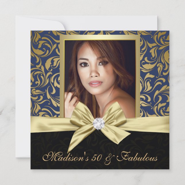 Fifty and Fabulous gold navy damask |50th Birthday Invitation (Front)
