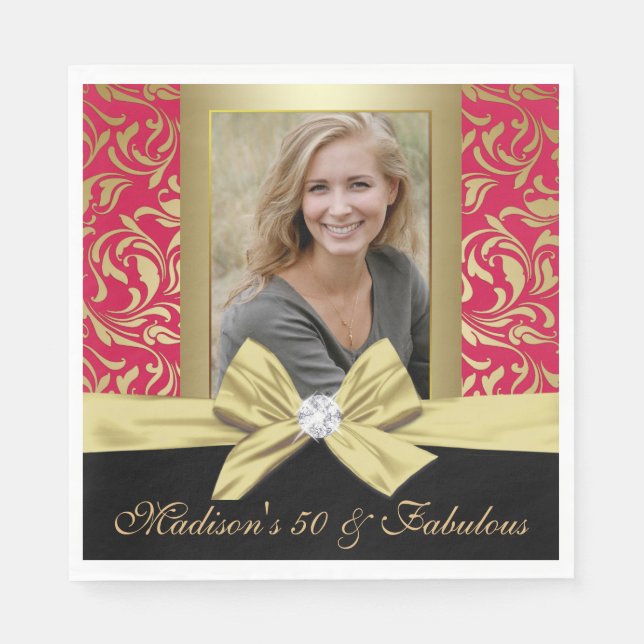 Fifty and Fabulous gold red damask 50th Birthday Napkin (Front)
