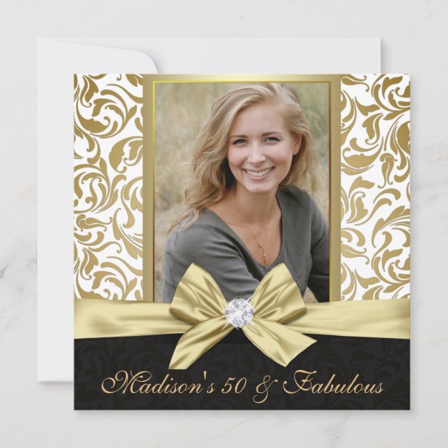 Fifty and Fabulous gold white damask 50th Birthday Invitation (Front)