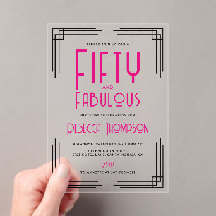 Fifty and Fabulous Hot Pink Art Deco 50th Birthday Acrylic Invitations