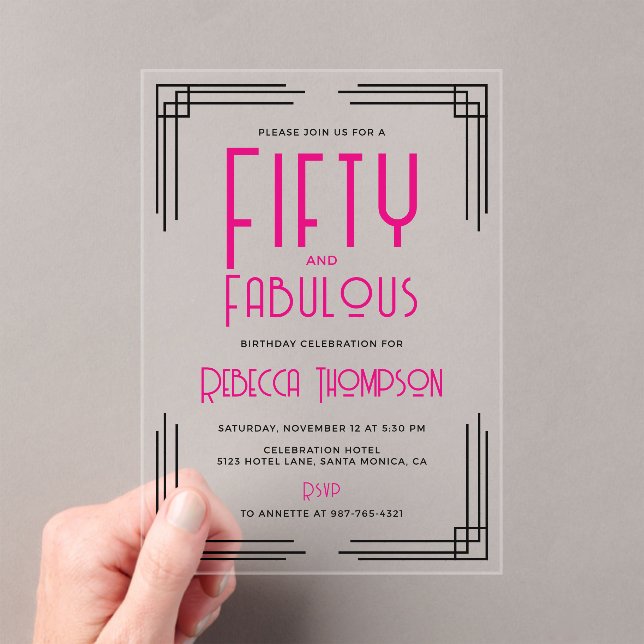 Fifty and Fabulous Hot Pink Art Deco 50th Birthday Acrylic Invitations (Insitu (Handheld))