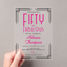 Fifty and Fabulous Hot Pink Art Deco 50th Birthday Acrylic Invitations