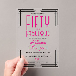 Fifty and Fabulous Hot Pink Art Deco 50th Birthday Acrylic Invitations