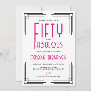 Fifty and Fabulous Hot Pink Art Deco 50th Birthday Invitation